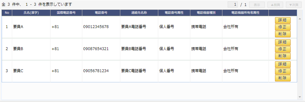 要員別電話番号情報一覧画面/要員別電話番号情報一覧イメージ