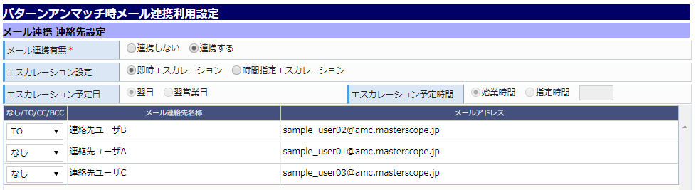 プロジェクト編集画面/パターンアンマッチ時メール連携利用設定イメージ